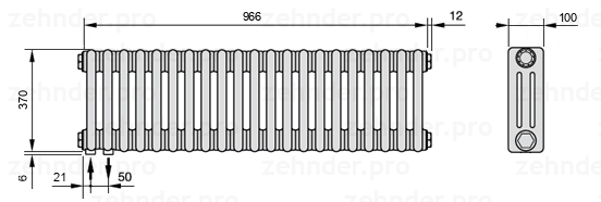 Схема (чертеж) Радиатор Zehnder Charleston 3037/21 №3370 Белый глянцевый RAL 9016
